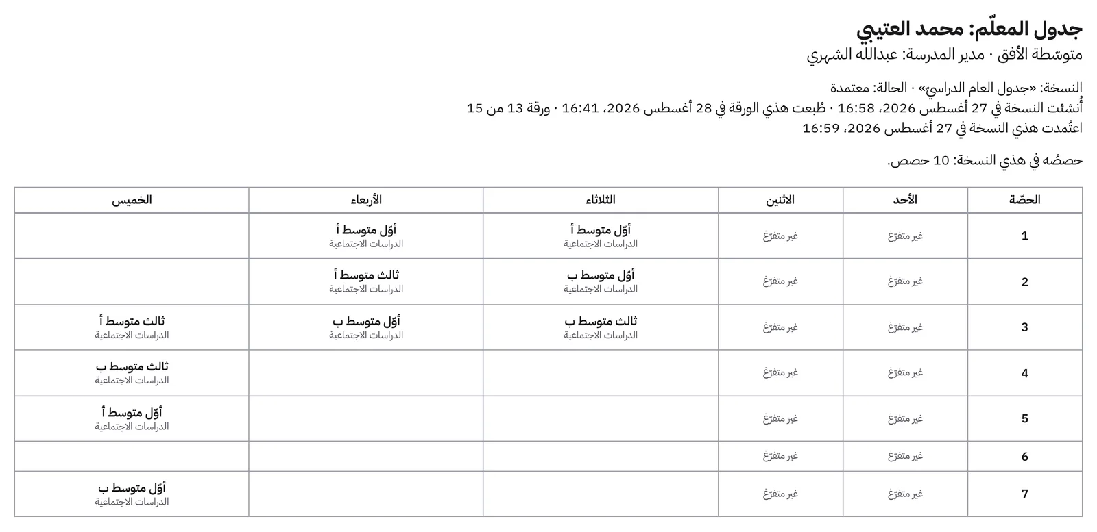 ورقةُ معلّمٍ مطبوعة. عمودا الأحد والاثنين تحمل خاناتُهما الأربعَ عشرةَ كلمةَ «غير متفرّغ»، وحصصُ المعلّم العشرُ موزّعةٌ على الثلاثاء والأربعاء والخميس.